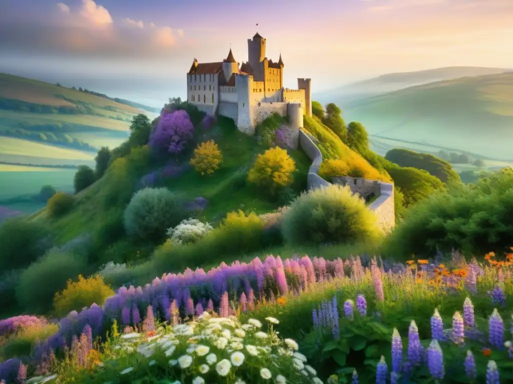 Castillo medieval rodeado de prados floridos Un emblemático castillo medieval rodeado de un prado de flores silvestres vibrantes en plena floración, irradiando encanto y color