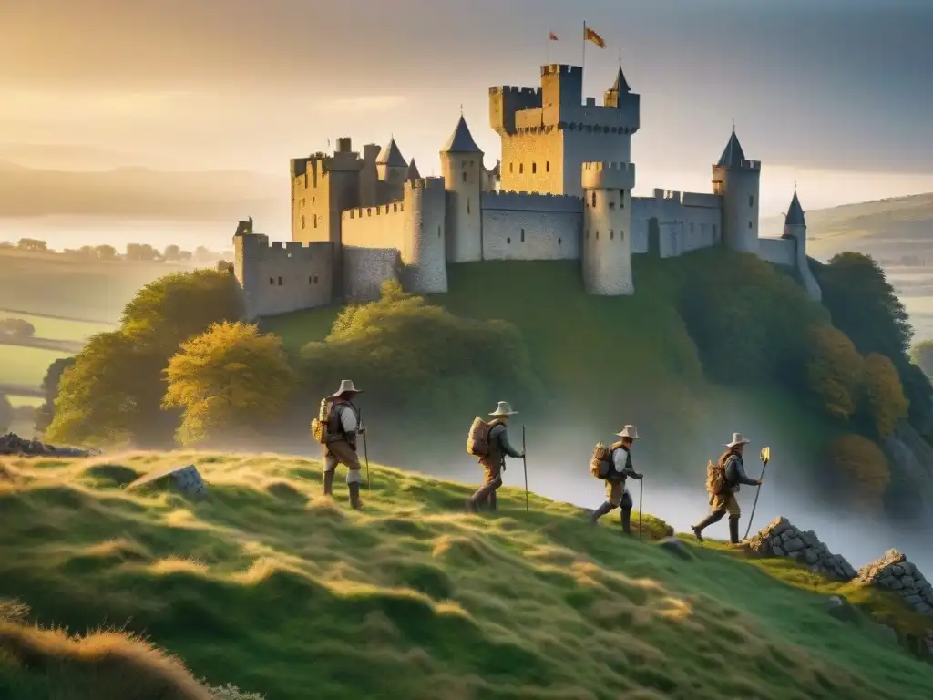 Buscadores de tesoros junto al castillo al atardecer Emocionante búsqueda de tesoros alrededor de un castillo medieval al atardecer