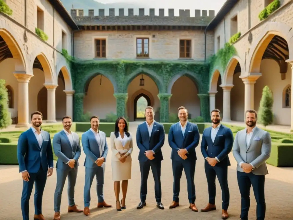 Trabajo en Equipo en Castillo: Empoderamiento Corporativo Empleados colaborando en un desafío en el patio de un castillo majestuoso