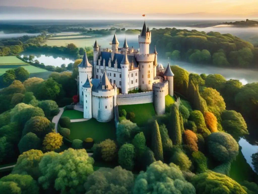 Castillo de ensueño en entorno natural para retiro corporativo Empleados disfrutan de retiros en castillos majestuosos rodeados de naturaleza al atardecer