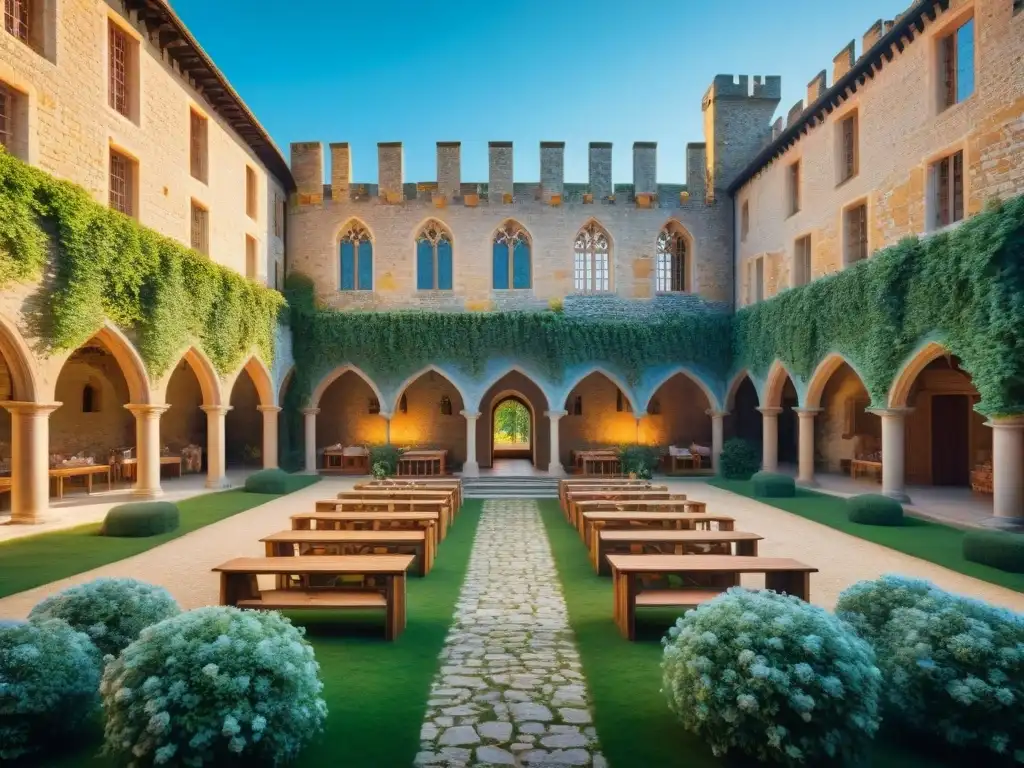 Encuentro literario en el castillo medieval Encuentros literarios en castillos históricos: Animadas conversaciones entre lectores y autores en un patio medieval rodeado de murallas de piedra cubiertas de hiedra