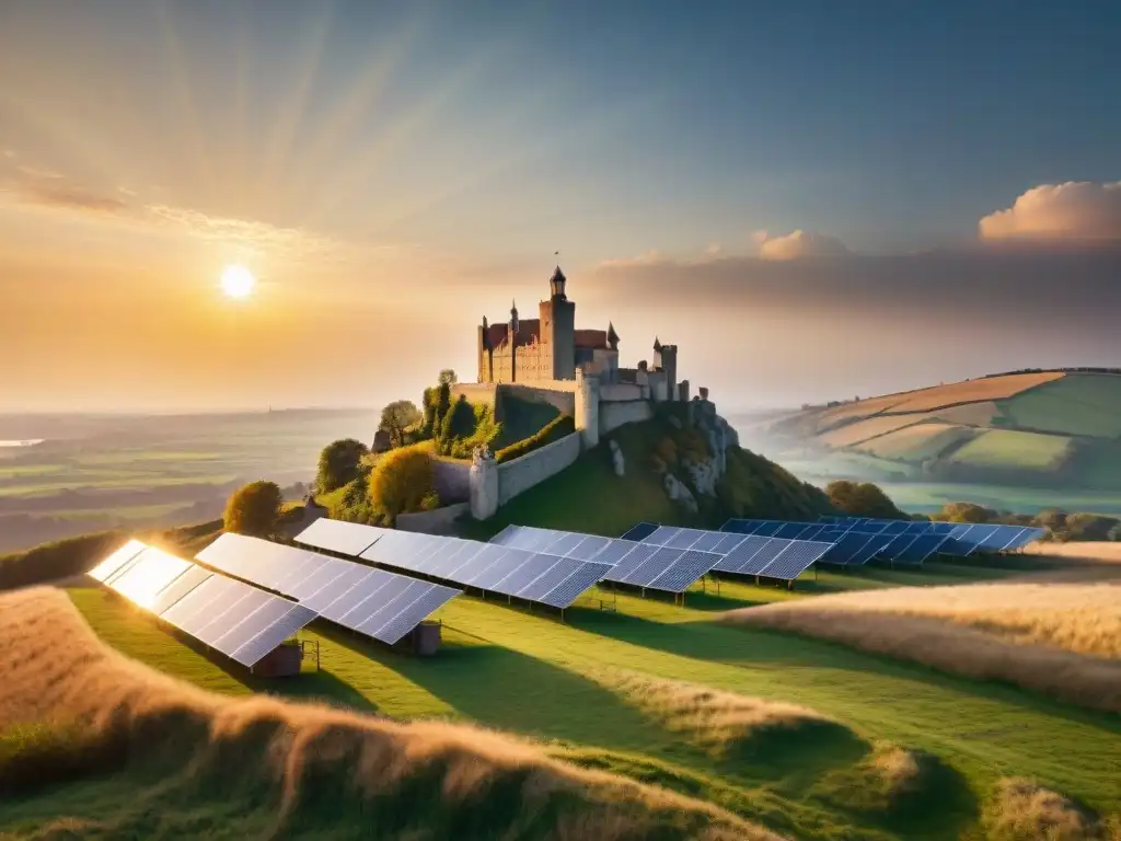 Castillo medieval con paneles solares: la fusión del pasado y el futuro Energía solar en castillos históricos: Un castillo medieval bañado en luz dorada con paneles solares integrados sutilmente