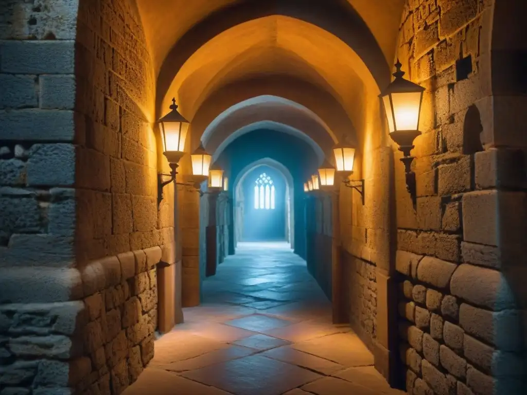 Castillo medieval: pasillo misterioso con armaduras y antorchas Enigmas y tesoros en un castillo medieval iluminado por antorchas, con armaduras y sombras misteriosas