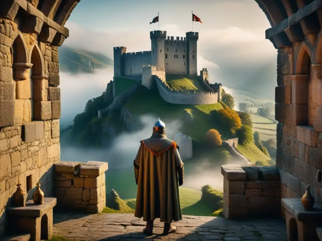 Torre medieval en la niebla: espionaje ancestral Enigmático espionaje en castillos históricos: figura solitaria observa valle desde torre medieval entre niebla