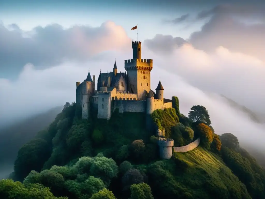 Misterioso castillo medieval envuelto en niebla y secretos Enigmáticos tesoros en castillo medieval envuelto en niebla, con muros de piedra cubiertos de hiedra y torres imponentes
