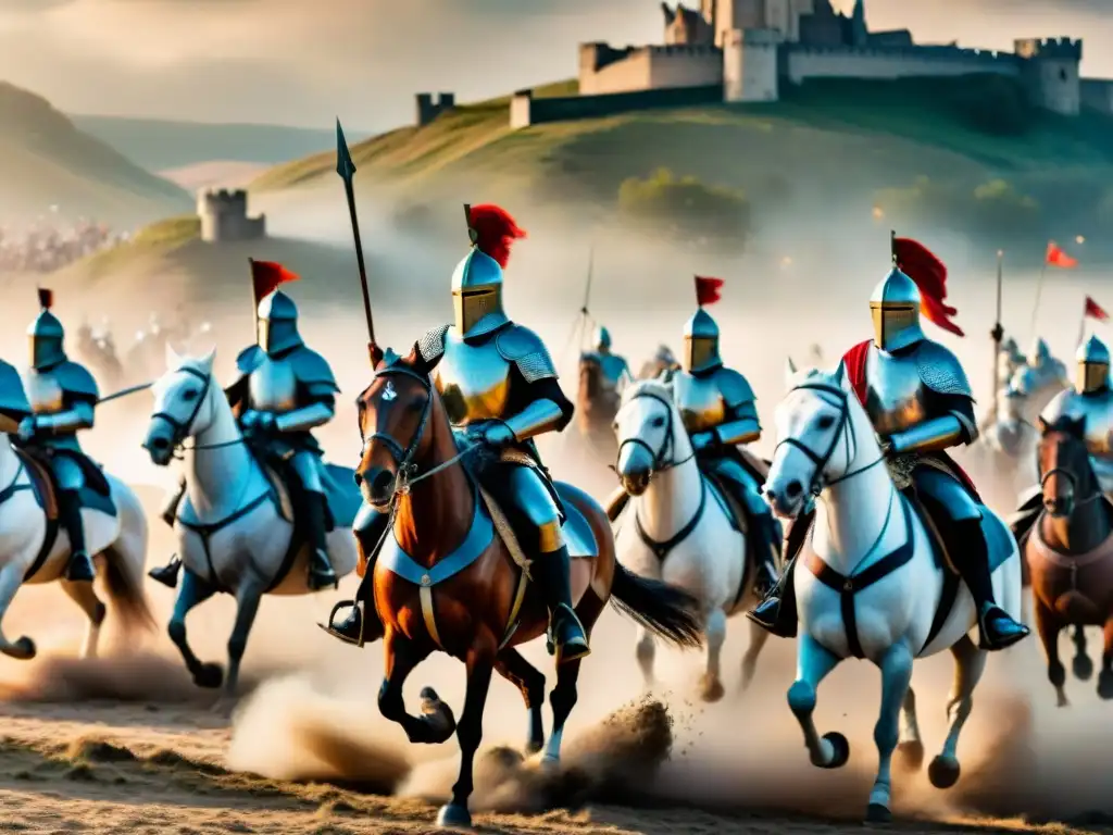 Épica batalla medieval: caballeros en carga con armaduras y armas Épica batalla medieval con caballeros en tácticas de caballería, armados con espadas y lanzas, rodeados de polvo y banderas