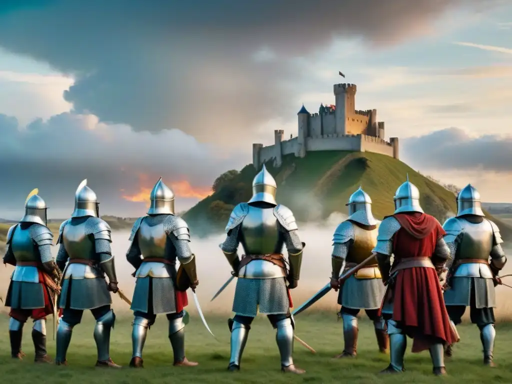 Epica batalla medieval: caballeros en duelo bajo un cielo dramático Épica batalla medieval entre dos caballeros con armadura bajo un cielo dramático