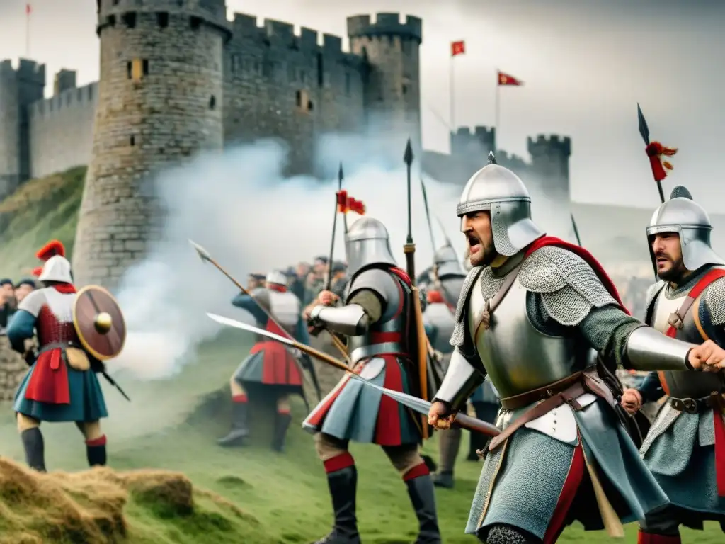 Épica defensa de soldados galeses en el asedio del Castillo Harlech, con armaduras y armas en mano, resistiendo valientes al enemigo