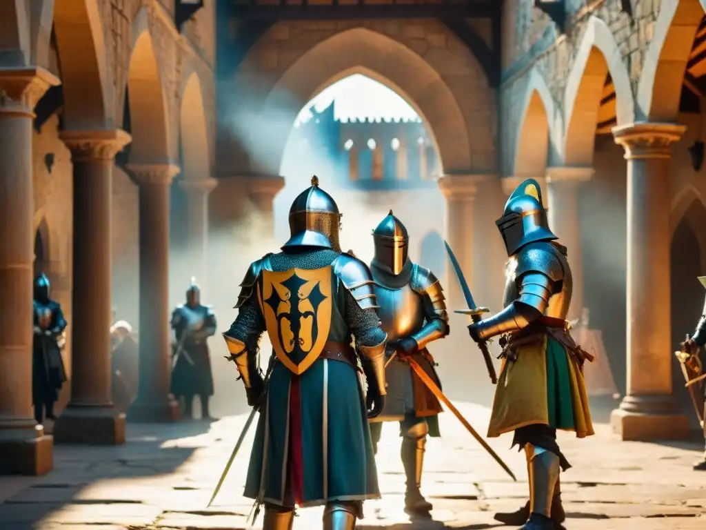Un épico duelo de esgrima entre caballeros medievales en un castillo histórico