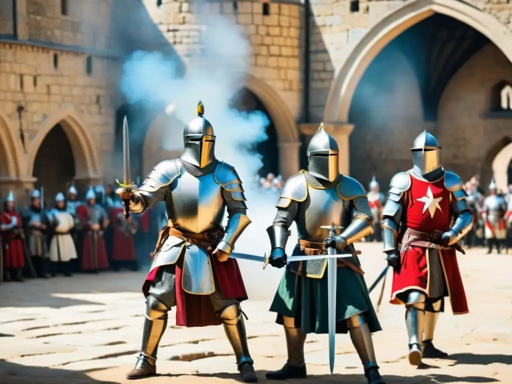 Un épico duelo de esgrima entre caballeros medievales en un castillo histórico