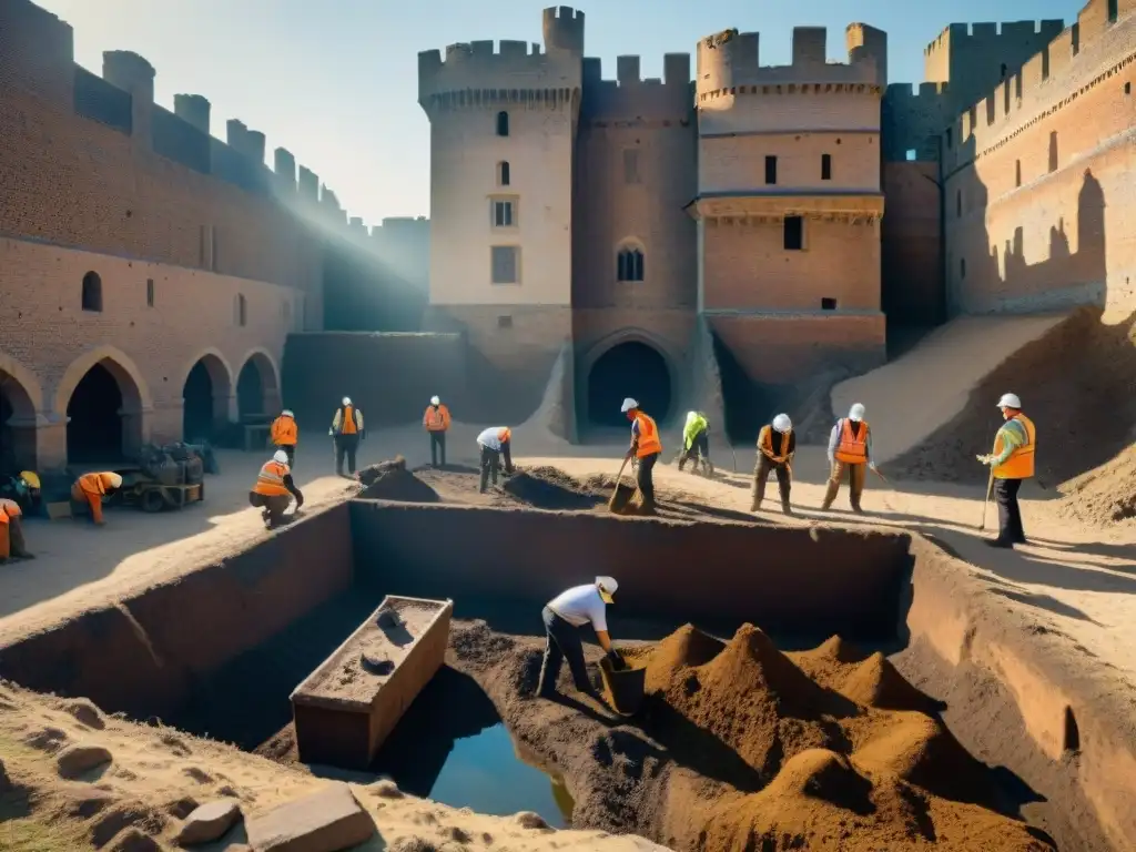 Equipo de arqueólogos excavando un pozo de desechos de castillo medieval, revelando restos de cerámica y huesos