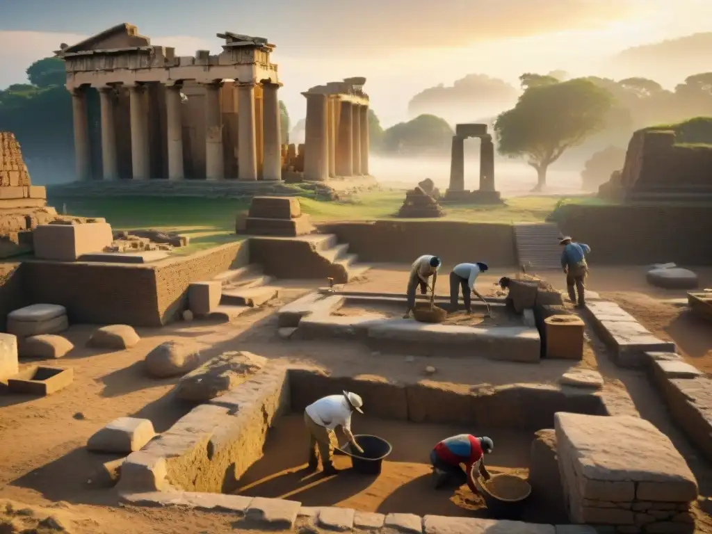 Excavación arqueológica: Preservando tesoros históricos con meticulosidad Equipo de arqueólogos preservando con precisión artefactos antiguos en majestuoso yacimiento histórico