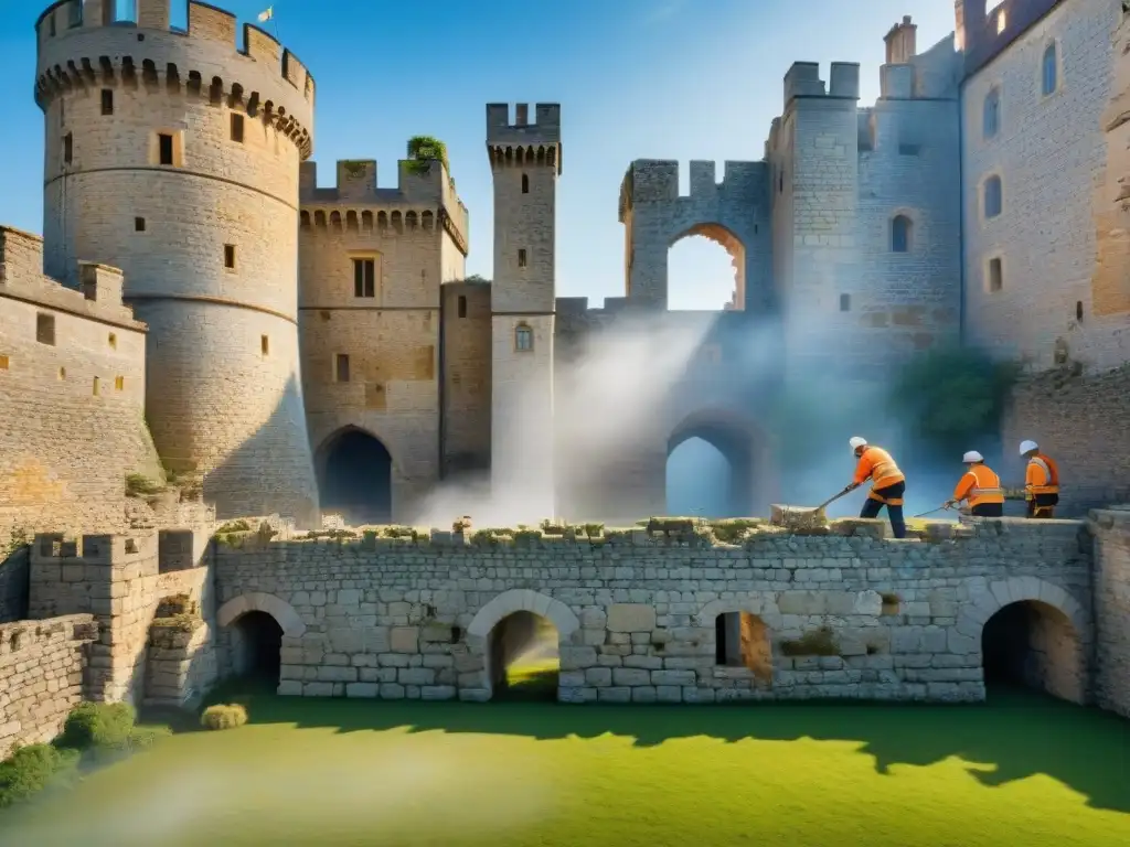 Restauración de castillo: arte en piedra centenaria Un equipo de arquitectos y constructores restaurando un castillo histórico, preservando la historia a través de la restauración experta