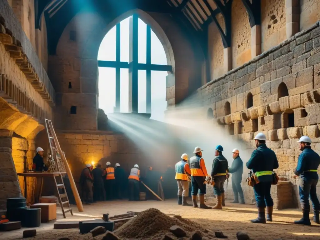 Restauración minuciosa de castillo medieval por arquitectos expertos Equipo de arquitectos y constructores restaurando un castillo medieval