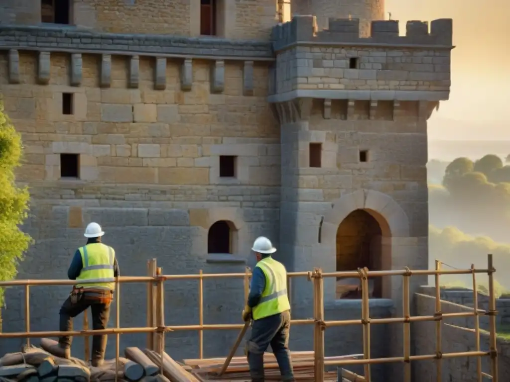 Restauración meticulosa de castillo histórico por equipo de arquitectos y constructores Equipo de arquitectos y constructores restauran con cuidado un majestuoso castillo histórico al atardecer