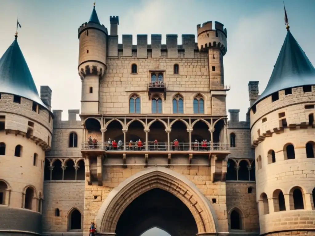 Restauración minuciosa de castillo medieval por expertos en arquitectura Equipo de arquitectos y constructores restaurando detalladamente la piedra de un castillo medieval, con andamios alcanzando el cielo