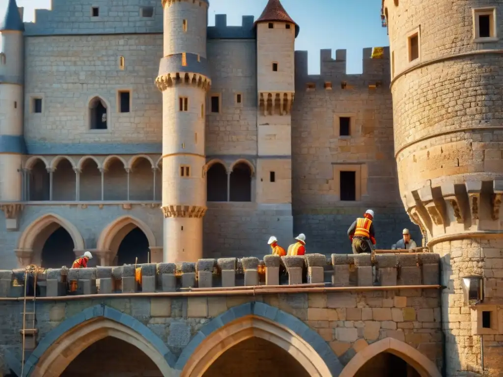 Restauración detallada de castillo medieval por arquitectos expertos Equipo de arquitectos restaurando con cuidado la piedra de un castillo medieval