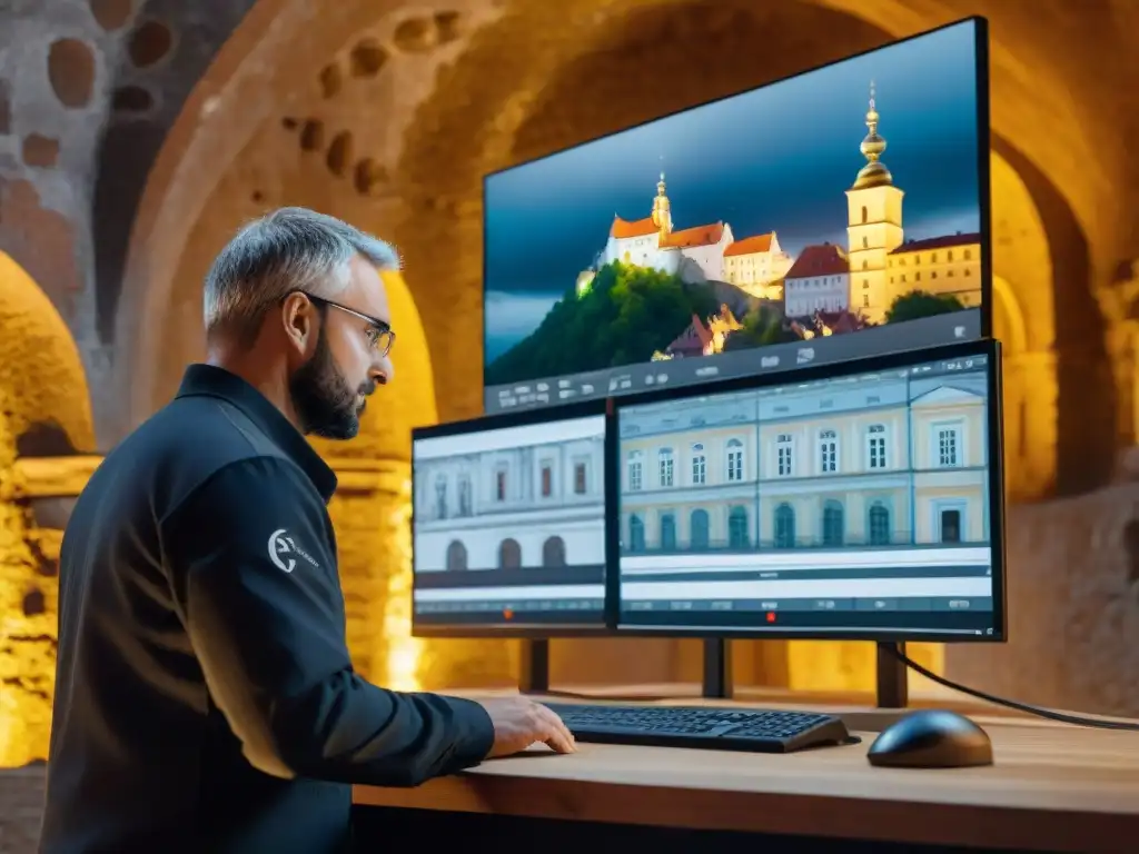Equipo de restauración en castillo histórico usando tecnología digital avanzada para restaurar minuciosamente la arquitectura
