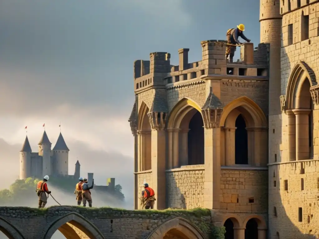 Equipo de conservación restaurando detalladamente un castillo medieval, bañado en luz dorada