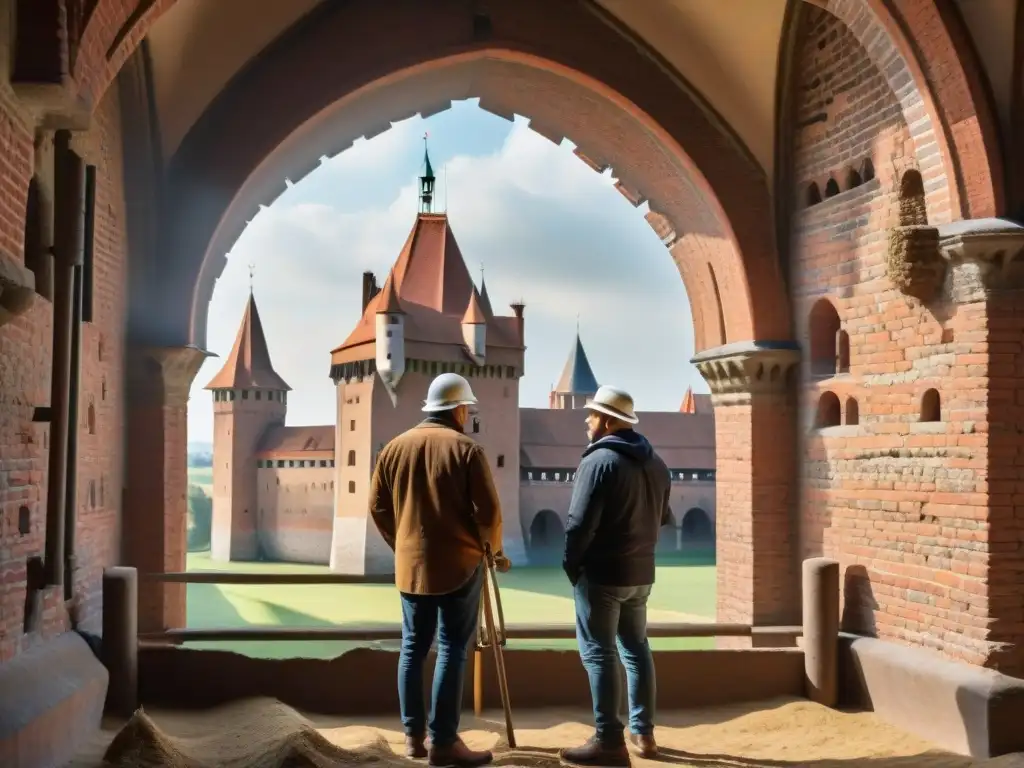 Restauradores del Castillo de Malbork: Detalles históricos en 8k Equipo de restauración en el complejo Castillo de Malbork, detallando con dedicación y destreza histórica