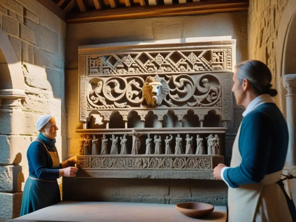 Restauración detallada en castillo medieval: conservación y educación Equipo de conservacionistas restaurando detalladas esculturas en un castillo medieval, con artefactos históricos y materiales educativos