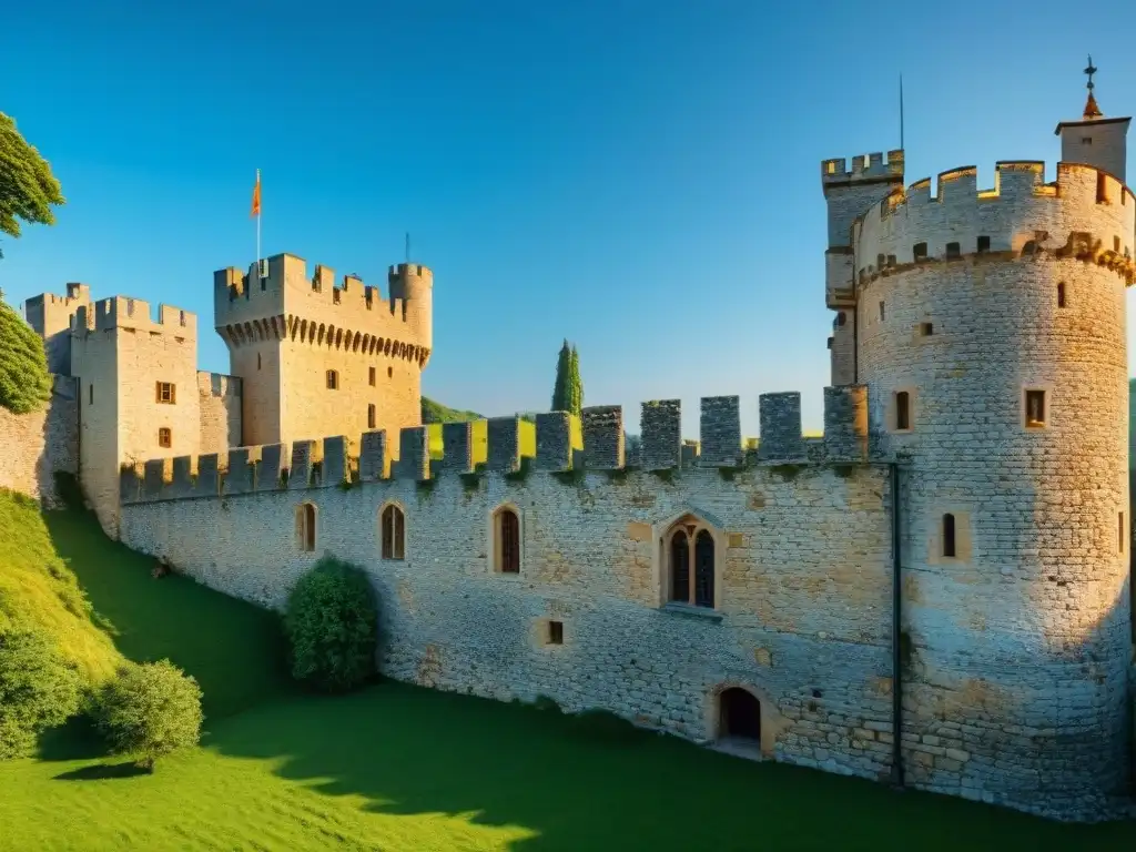 Restauración detallada de castillo medieval por conservacionistas Equipo de conservacionistas restaurando muros de castillo medieval rodeados de naturaleza, bajo cielo azul