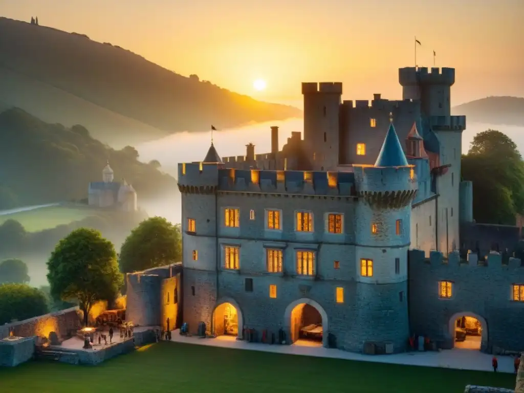 Restauración detallada de castillo histórico al atardecer Equipo restaurando con detalle un majestuoso castillo histórico al atardecer