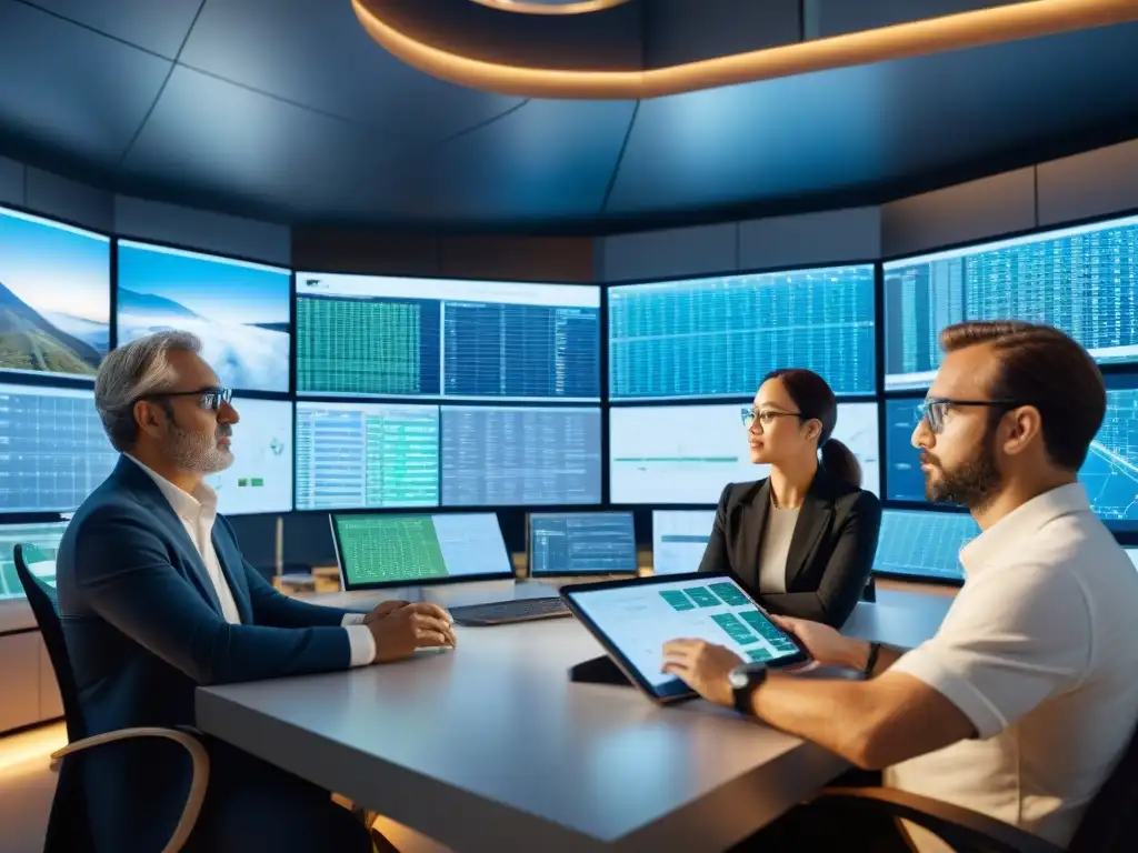 Equipo de científicos y ingenieros en laboratorio de energía renovable Equipo diverso de científicos y ingenieros se enfocan en análisis de datos en laboratorio de energías renovables