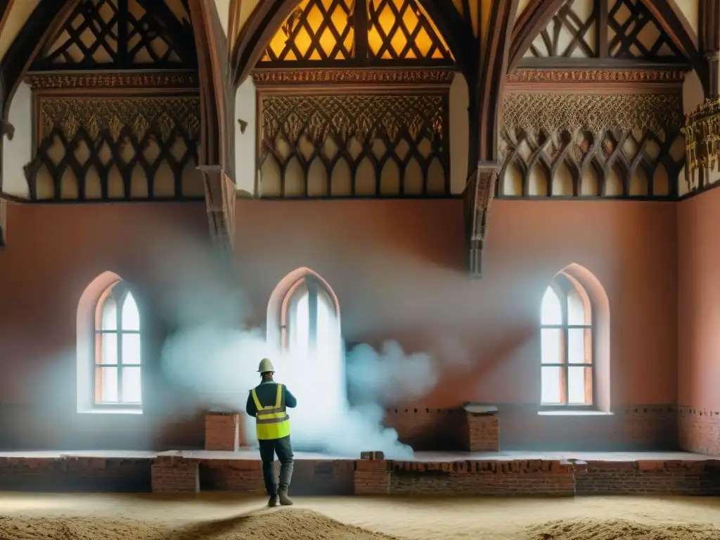 Restauración detallada en el Castillo de Malbork Equipo de restauración experto trabajando meticulosamente en detalles del Castillo de Malbork