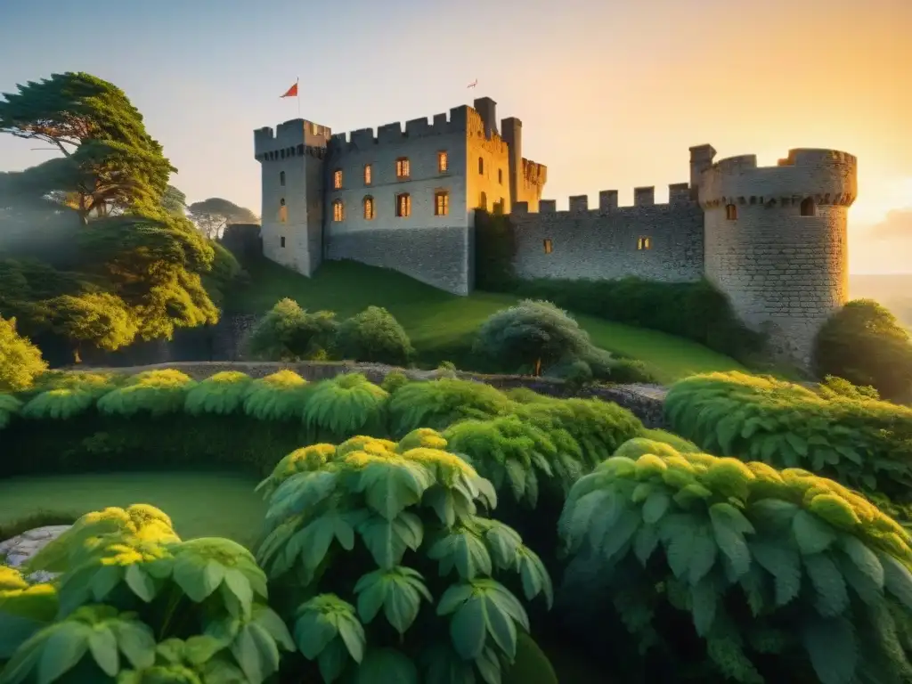 Equipo de expertos restaurando con esmero la vegetación y muros antiguos de un castillo histórico al atardecer