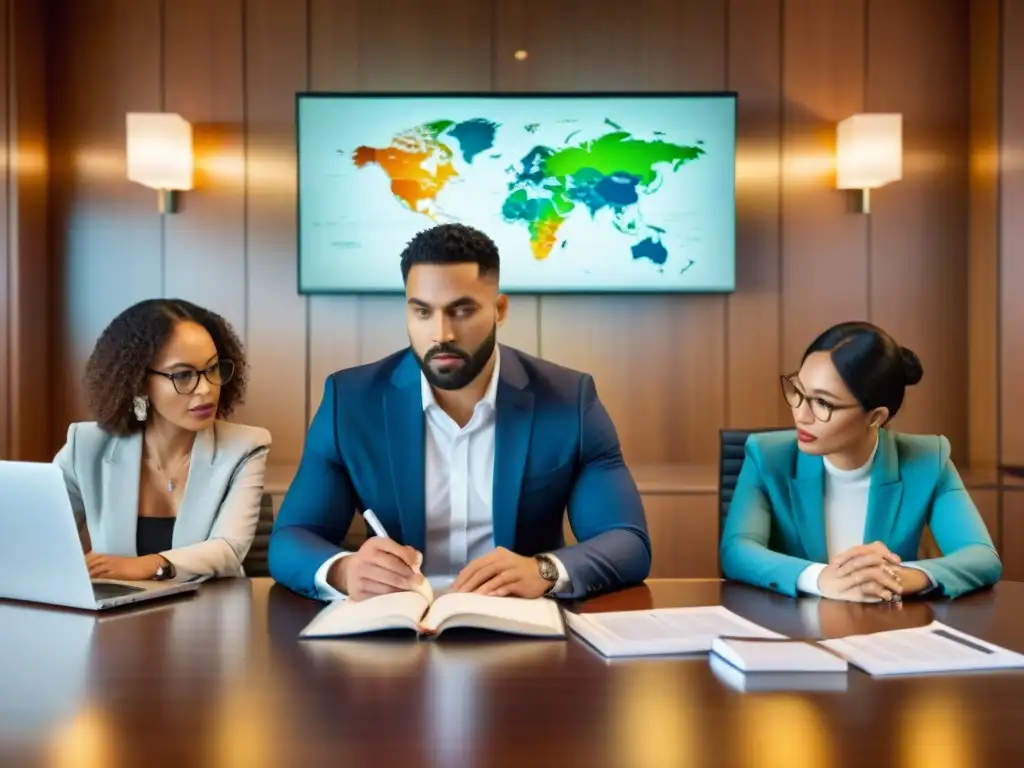 Un equipo de expertos legales en una sala de conferencias, rodeados de documentos legales y libros, discutiendo estrategias