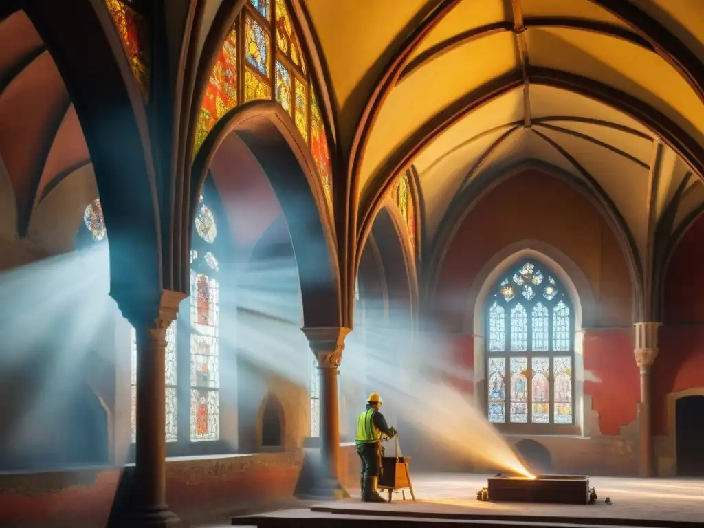 Restauración detallada de frescos medievales en el Castillo de Malbork Un equipo de expertos en restauración trabajando meticulosamente en frescos medievales dentro del Castillo Malbork