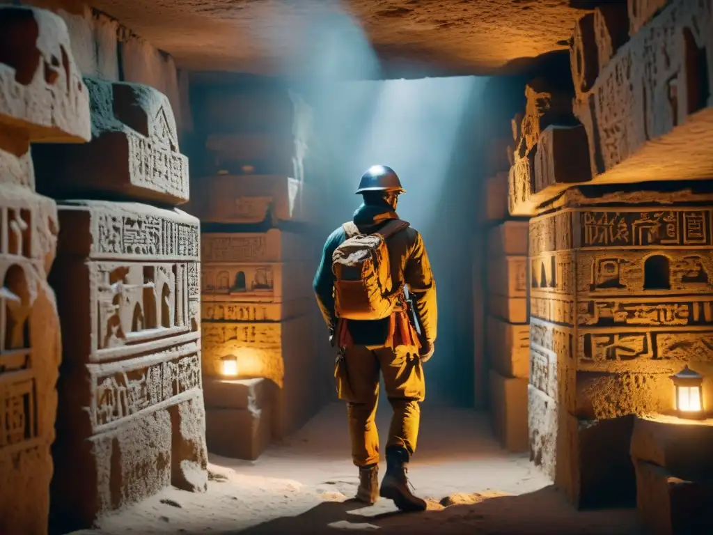 Equipo de exploradores en cripta antigua iluminada, descubriendo secretos en las criptas olvidadas