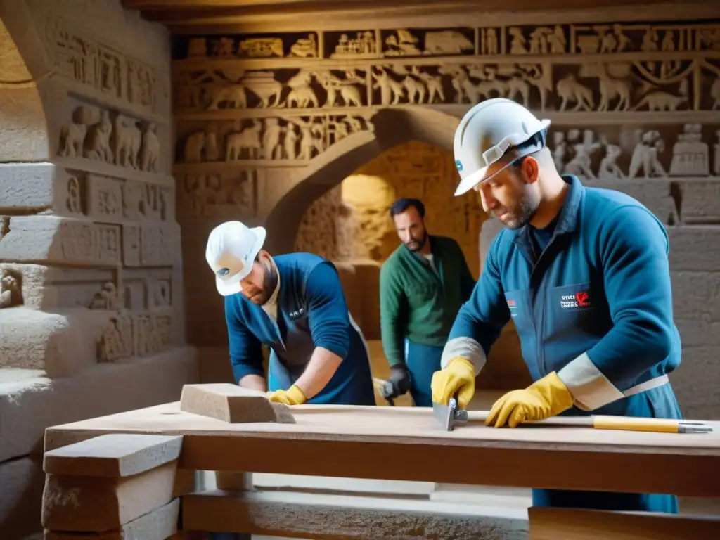 Restauración experta de piedra en antigua fortaleza Equipo de restauración en fortaleza antigua, realizando meticulosa alquimia de la piedra con herramientas modernas