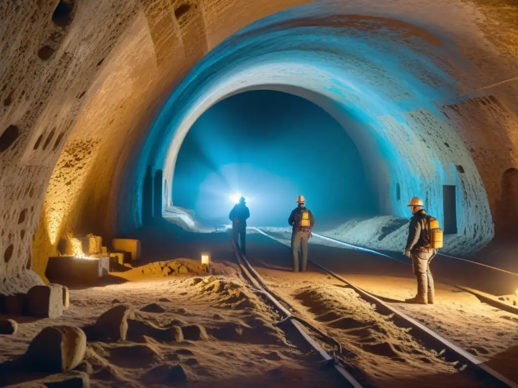Exploración subterránea en castillo ancestral Un equipo de ingenieros y arqueólogos utilizando tecnologías subterráneas en un castillo antiguo, revelando secretos centenarios en la penumbra
