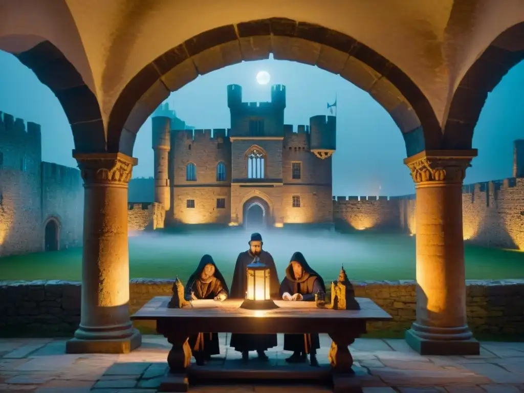 Exploradores del más allá: enigma paranormal en castillo ancestral Un equipo de investigadores de eventos paranormales en un antiguo castillo, mezclando tecnología moderna con misterio histórico