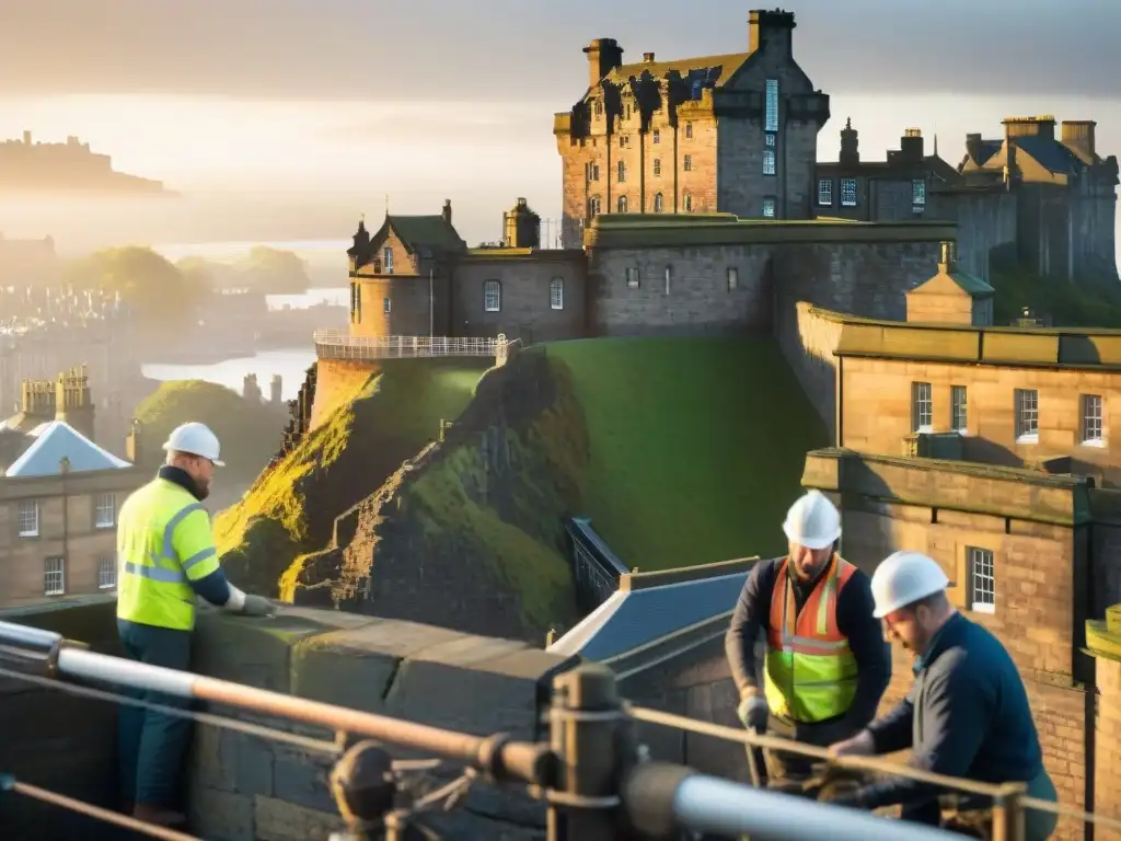 Restauración detallada del Castillo de Edimburgo por expertos Equipo de restauración majestuoso Castillo Edimburgo, meticuloso trabajo en detalladas paredes de piedra