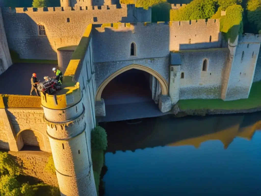 Expertos en preservación exploran castillo histórico con tecnología avanzada Equipo de preservación monumentos históricos recursos escaneando castillo histórico con drones y tecnología avanzada