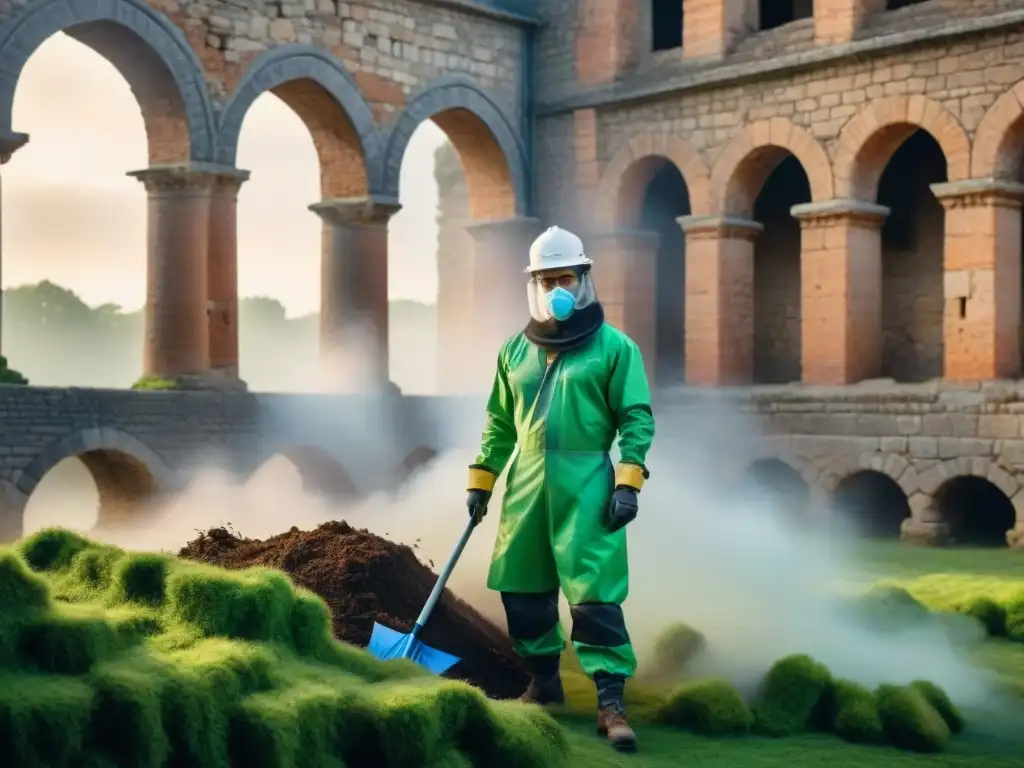 Equipo de gestión de residuos en sitios históricos implementando tecnología moderna entre ruinas antiguas
