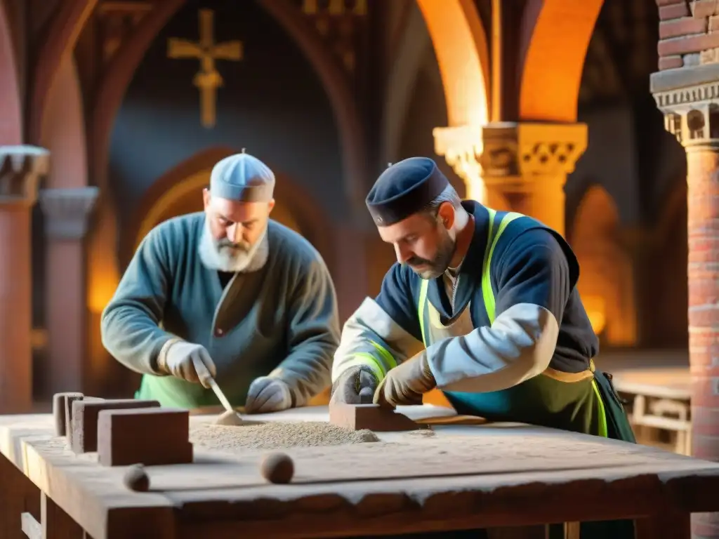 Restauración detallada en el Castillo de Malbork Equipo de restauración meticuloso trabajando en detalles del Castillo Malbork