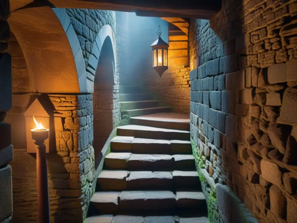 Misteriosa escalera de piedra en castillo medieval Una escalera de piedra intrincada en un castillo medieval, con antorchas y sombras