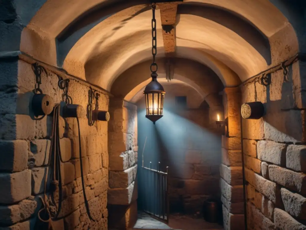 Dungeon medieval: celda de prisionero famoso Un escalofriante calabozo medieval lleno de secretos oscuros, con cadenas oxidadas y sombras misteriosas de antorchas