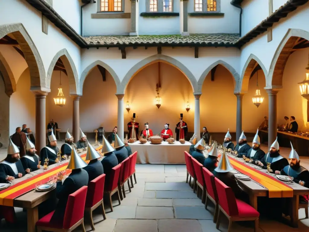 Boda medieval: músicos, bufones y banquetes en un castillo histórico Escena de entretenimiento medieval para bodas en castillos con músicos, bufones y banquetes reales