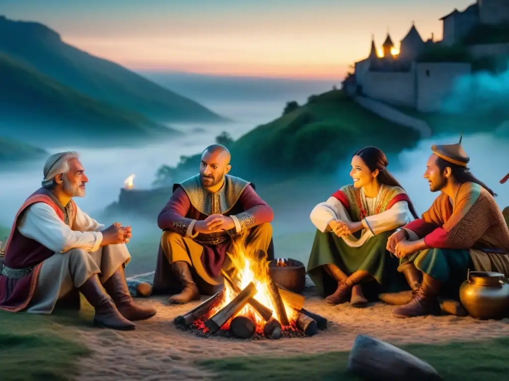 Épicas leyendas medievales junto al fuego Escena medieval: juglares y cuentacuentos entretienen a la aldea alrededor de la fogata