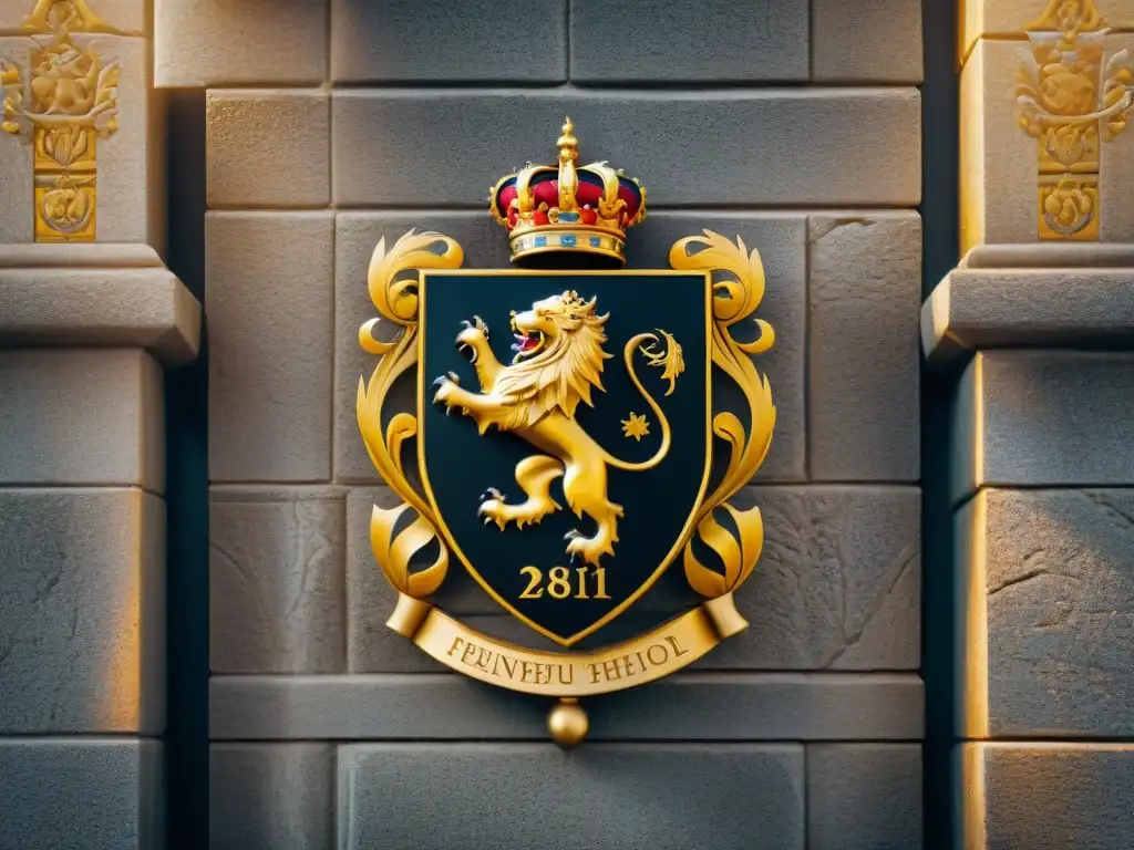 Emblema medieval en castillo épico: leones, dragones y oro Un escudo medieval detallado en una pared de castillo antiguo, con leones, dragones y patrones en tonos dorados y plateados