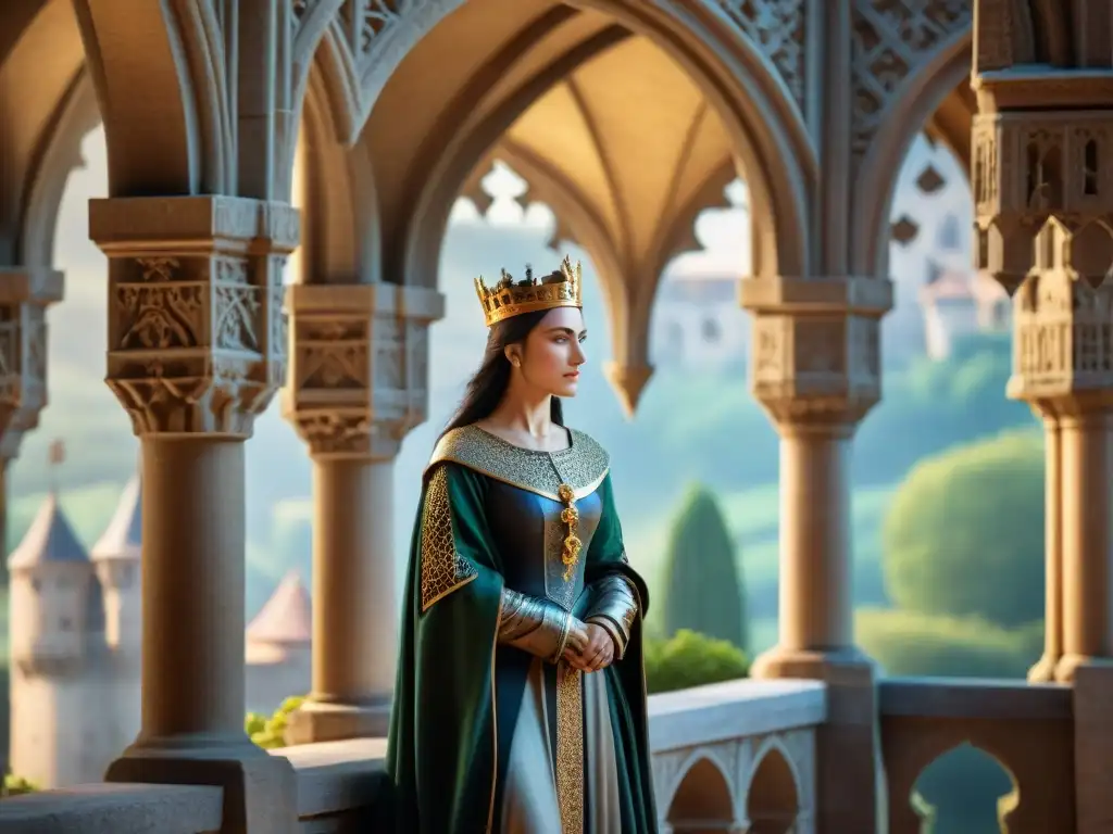 Estatua gótica medieval: castillo majestuoso y criaturas míticas Una escultura gótica detallada de un majestuoso castillo rodeado de paisajes exuberantes y criaturas míticas