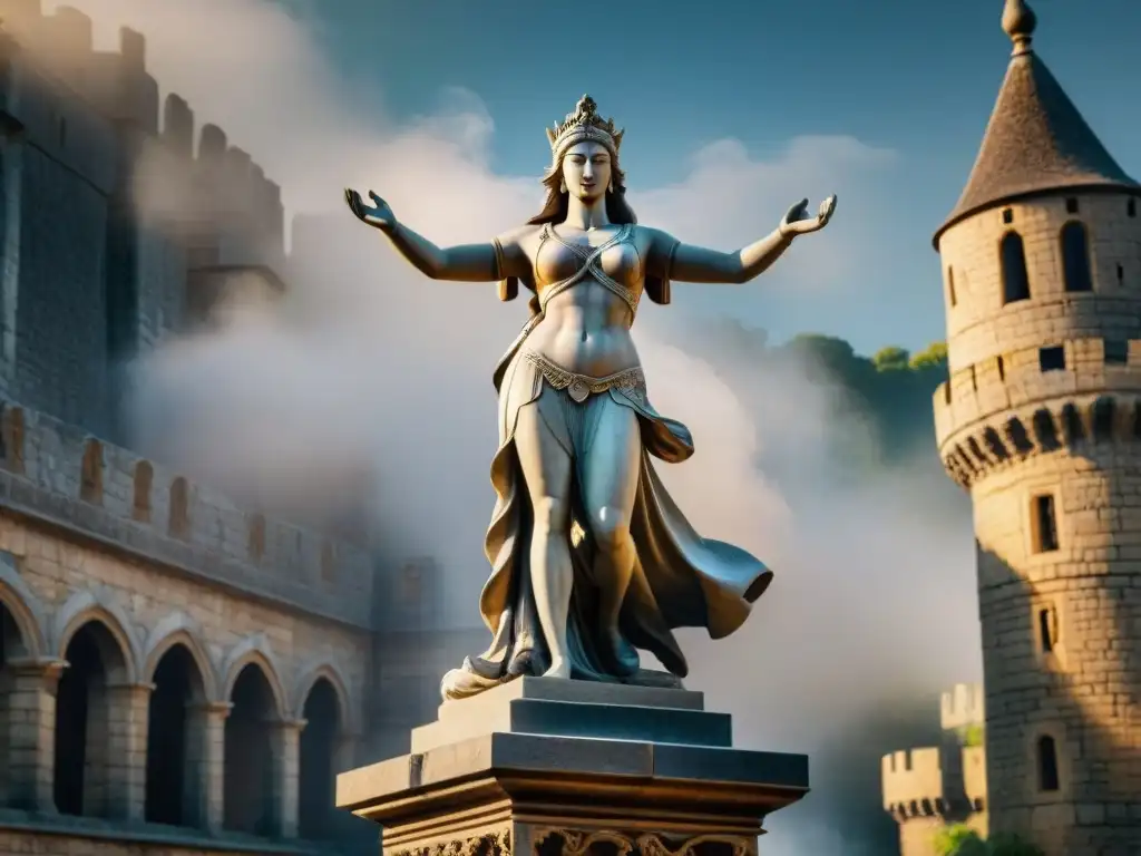 Escultura de piedra de poderosa figura mitológica en un castillo medieval Escultura de piedra majestuosa en un castillo: arte en castillos joyas escondidas