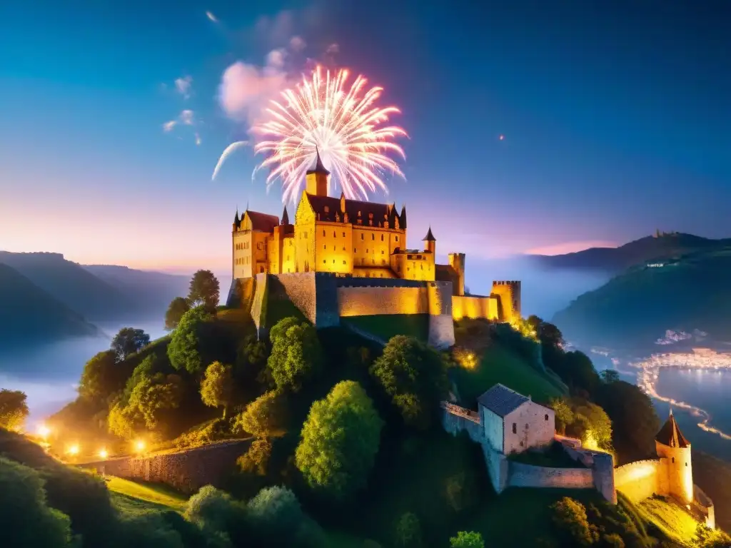Espectacular castillo medieval iluminado por fuegos artificiales Espectacular fuegos artificiales iluminan el cielo nocturno sobre un majestuoso castillo medieval