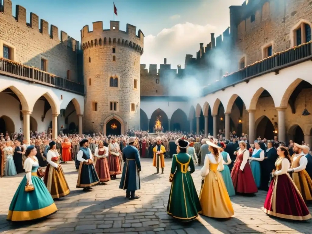 Espectacular boda medieval en un castillo histórico Espectáculo medieval en castillo: invitados con trajes de época disfrutan de entretenimiento en un patio festivo