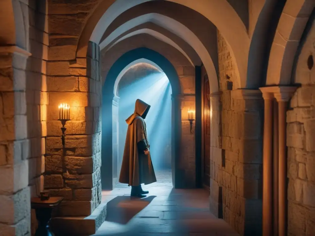 Intriga medieval en pasillo de castillo: figura encapuchada Un espía en un pasillo de castillo medieval iluminado por antorchas, evocando misterio y la historia de los espías internos en castillos
